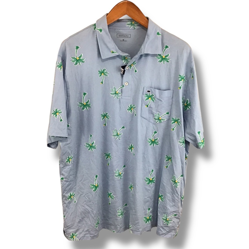 Crown & Ivy Mens XL Motion Flex Polo Shirt Light Blue Palm Tree Tropical NWT
